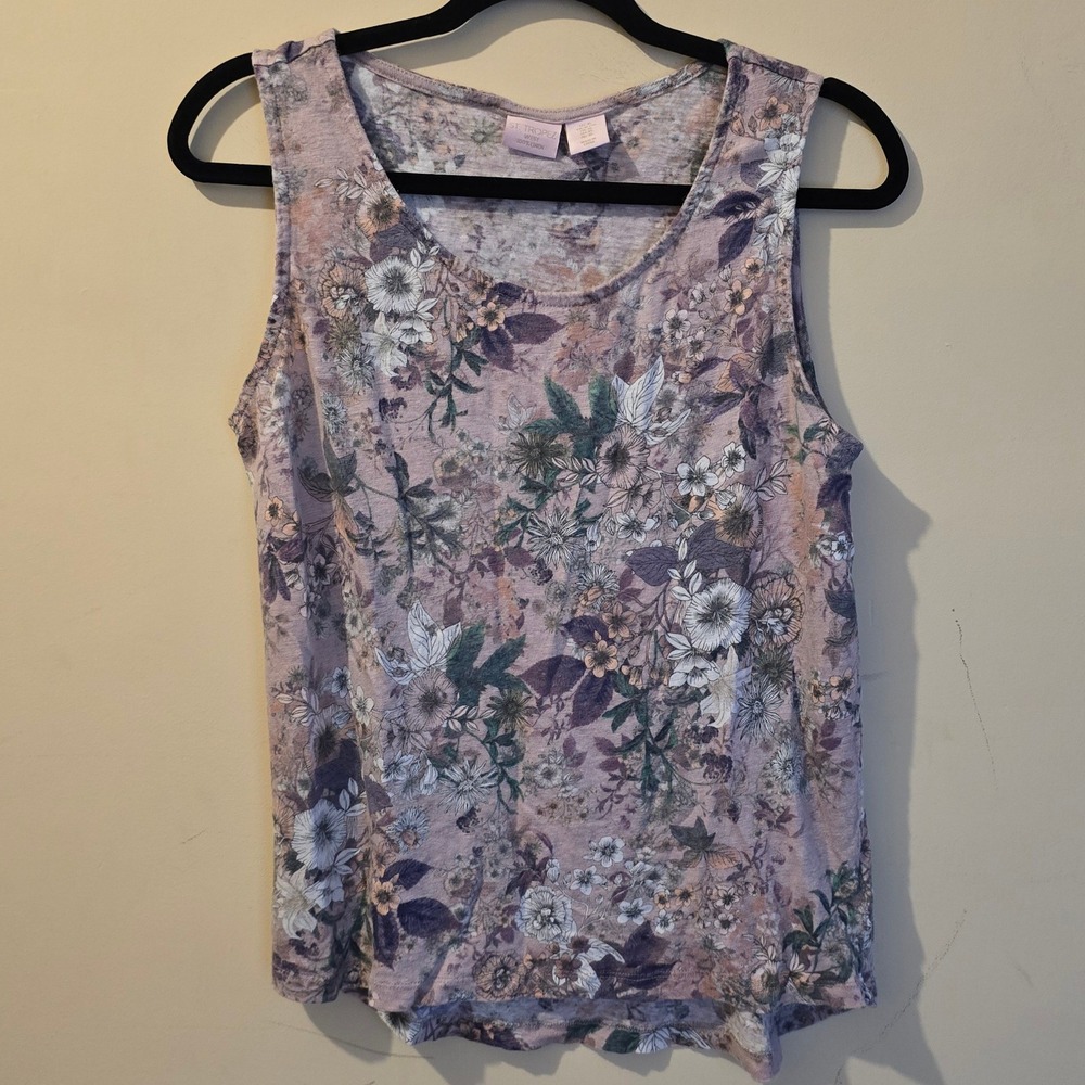 St. Tropez West Tank Top Women XL Purple Floral 100% Linen Sleeveless Scoop Neck